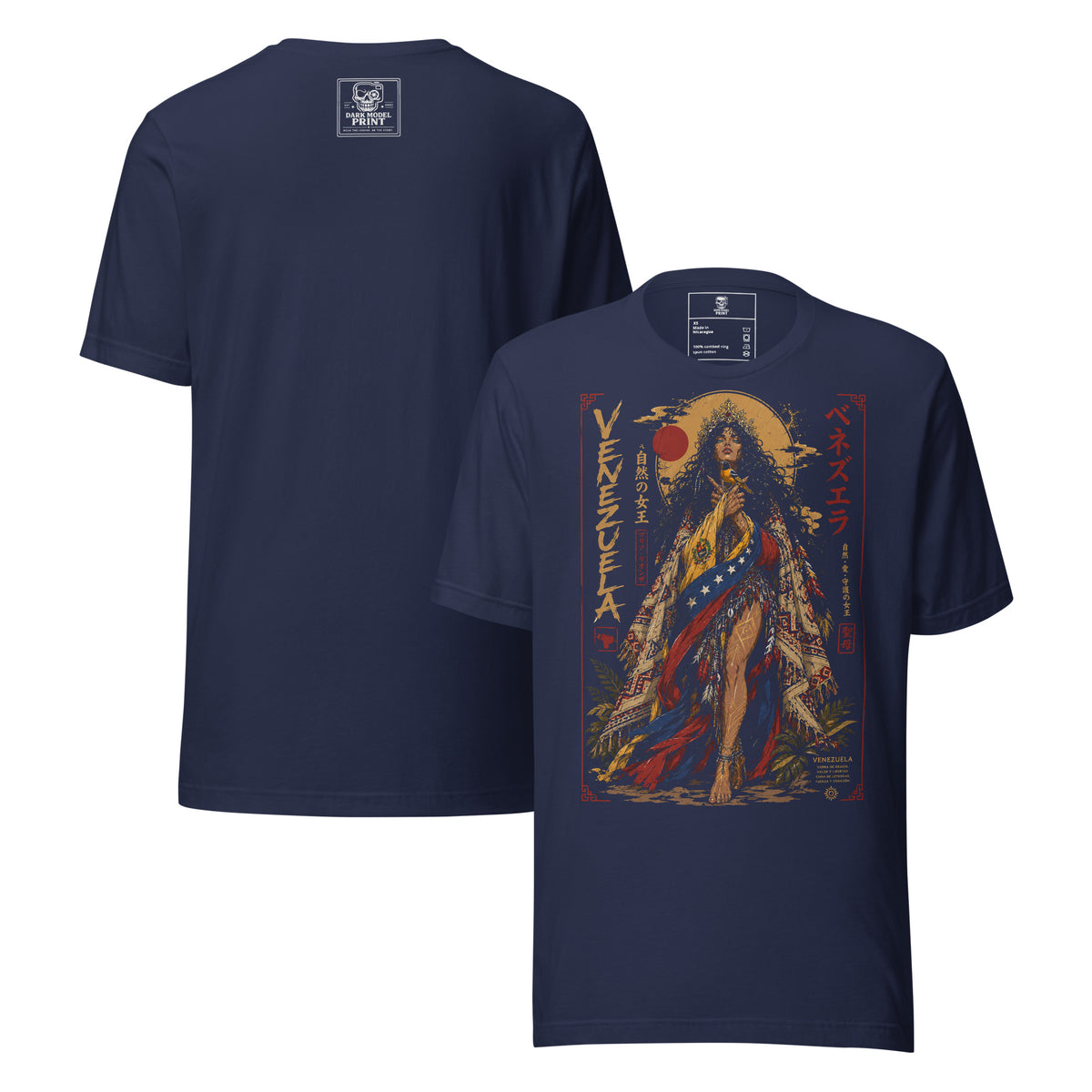 Camiseta La India Venezuela – Raíz Indígena, color azul marino – vista frontal y trasera