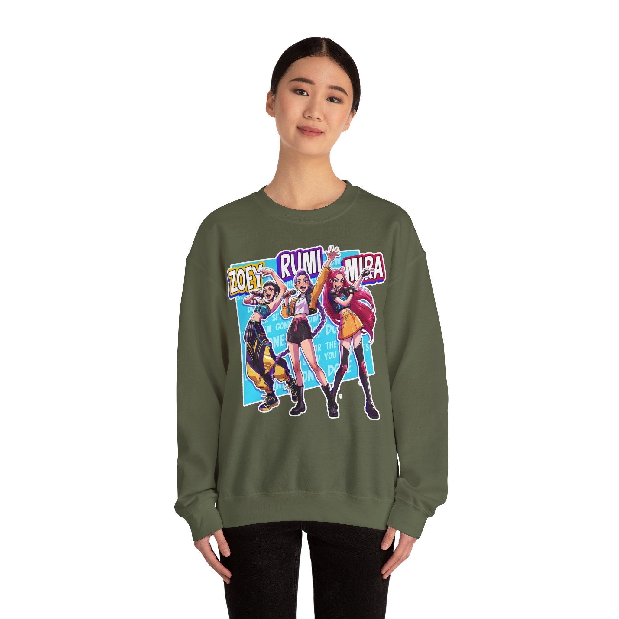 Vibrant Unisex Crewneck Sweatshirt with Zoey, Rumi, and Mira Design
