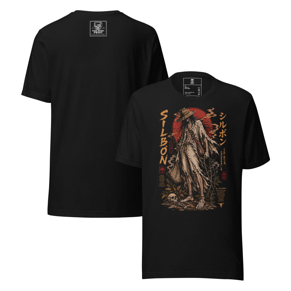 Camiseta El Silbón – Leyenda Llanera, color negro – vista frontal y trasera