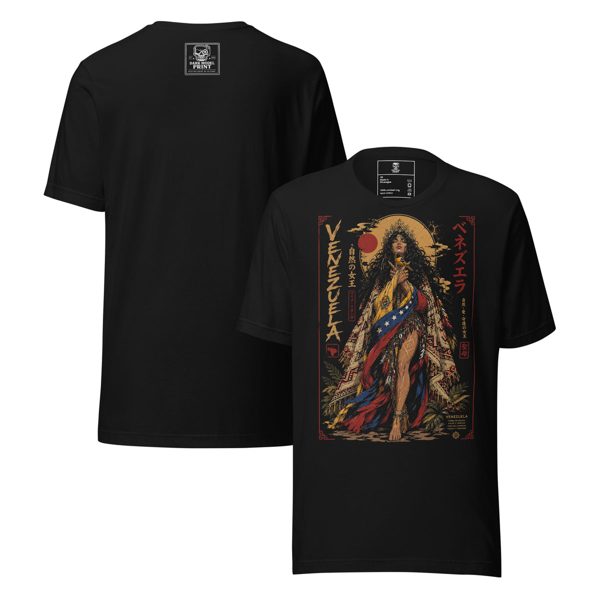 Camiseta La India Venezuela – Raíz Indígena, color negro – vista frontal y trasera