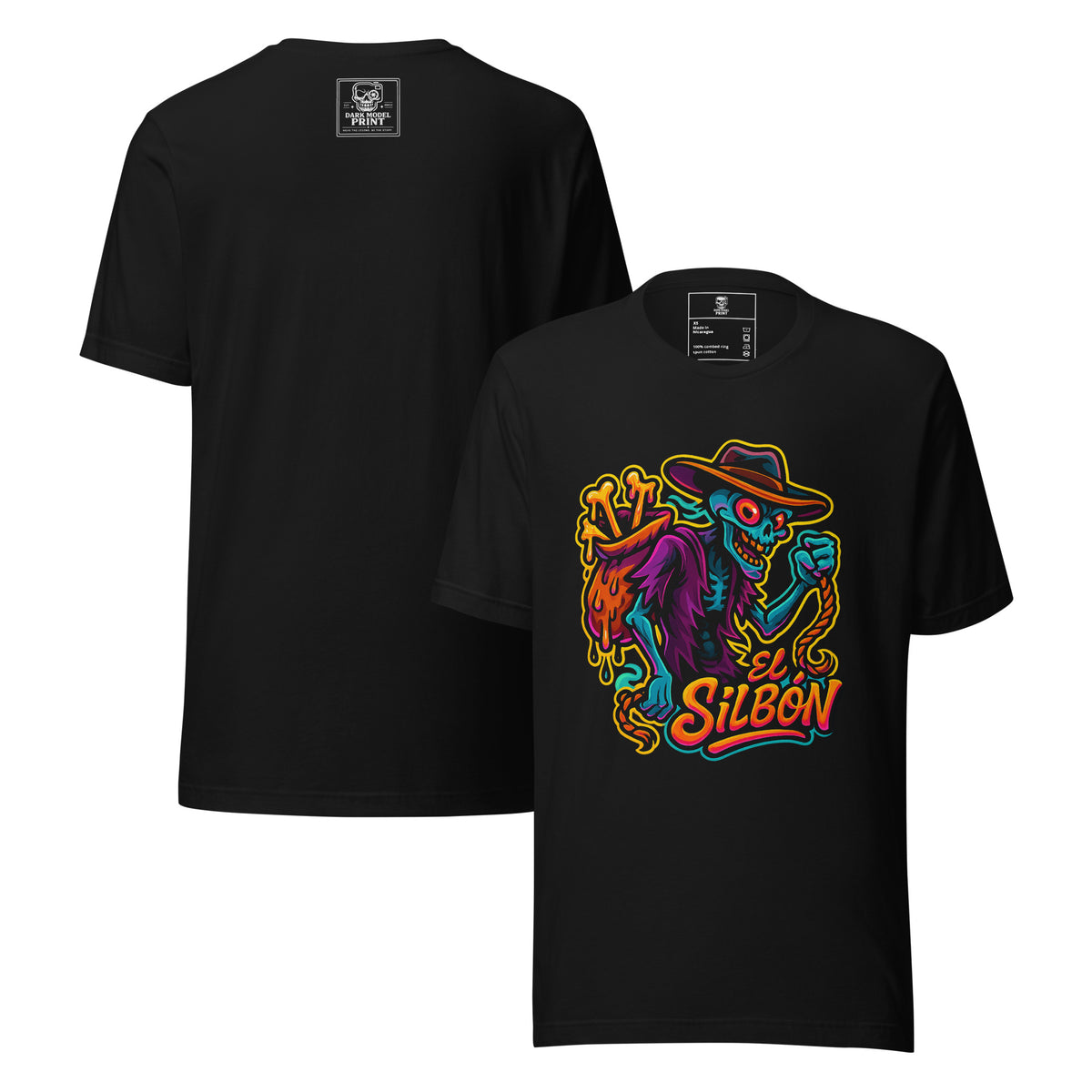 Camiseta El Silbón Animado – Edición Cartoon Cartoons, color negro – vista frontal y trasera