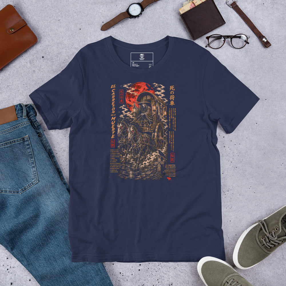 Camiseta El Carretón de la Muerte – Arte Oscuro, color azul marino – vista frontal