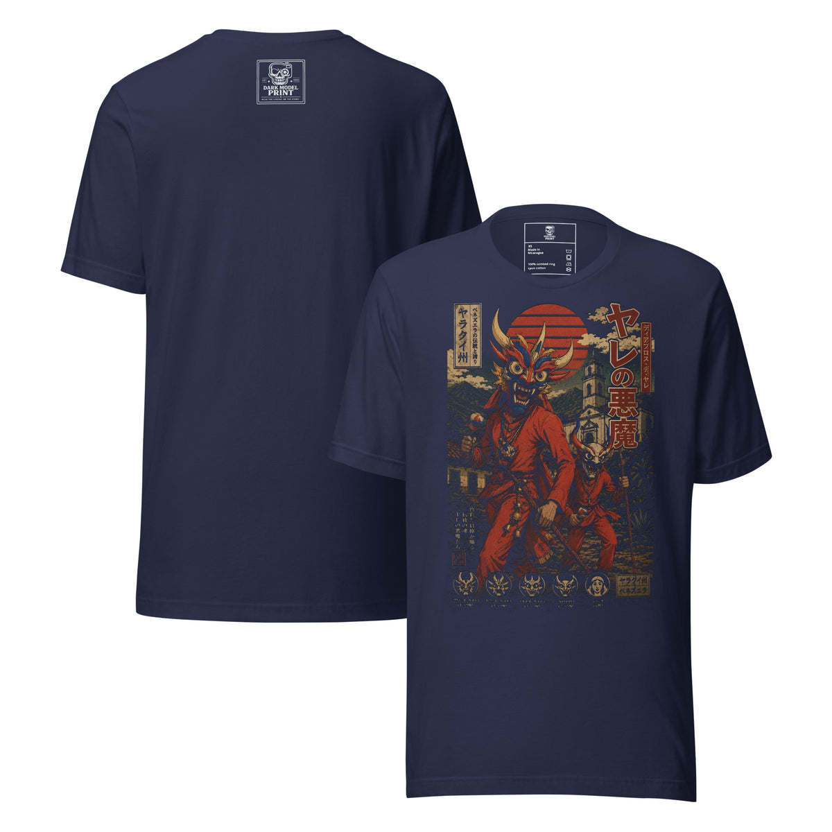 Camiseta Diablos de Yare – Patrimonio UNESCO, color azul marino – vista frontal y trasera