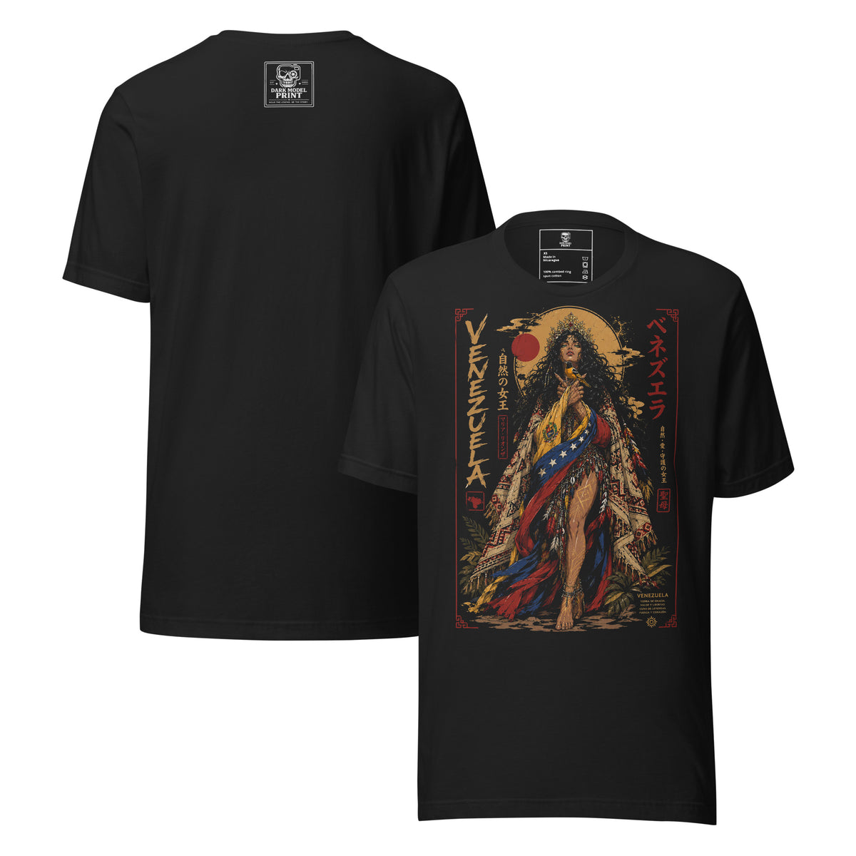 Camiseta La India Venezuela – Raíz Indígena, color negro vintage – vista frontal y trasera