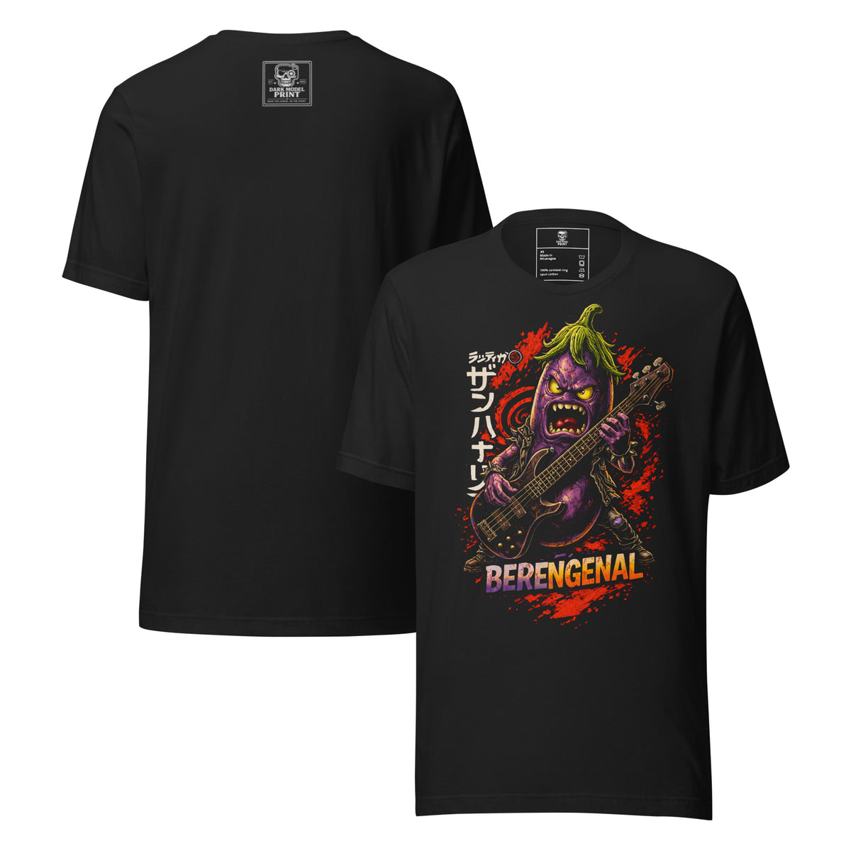 Camiseta Berengenal – El Bajista, color negro vintage – vista frontal y trasera
